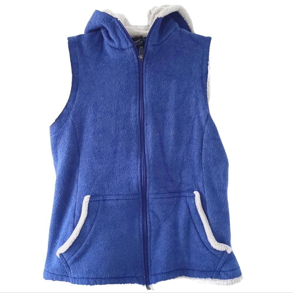 Kuhl Hooded Vest Large Women Blue Sleeveless Coat Zip Up Alfpaca Acrylic Polyest